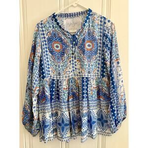 Kyla Seo Small S Blue Orange Floaty Boho Chic Artisan Rayon Bell Tassels Hippie
